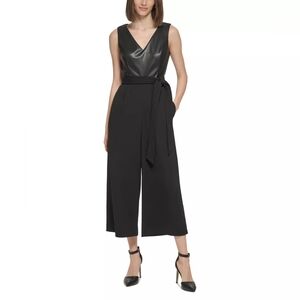 Calvin Klein Women's Faux-Leather-Top Belted Jumpsuit